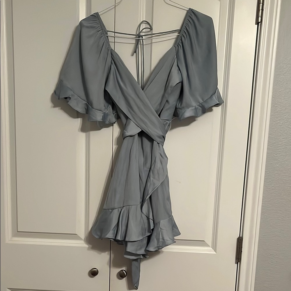 Slate Gray/Blue Ruffled Wrap Mini Dress with Flutter Sleeves